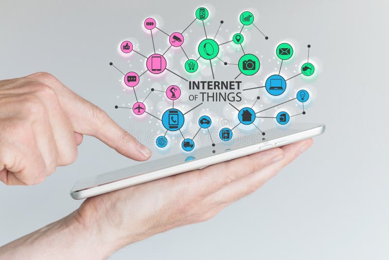 Internet of everything (IOT) concept. Colorful icons of connected devices within a wireless network of objects. royalty free stock photos Internet of everything (IOT) concept. Colorful icons of connected devices within a wireless network of objects. royalty free stock photos