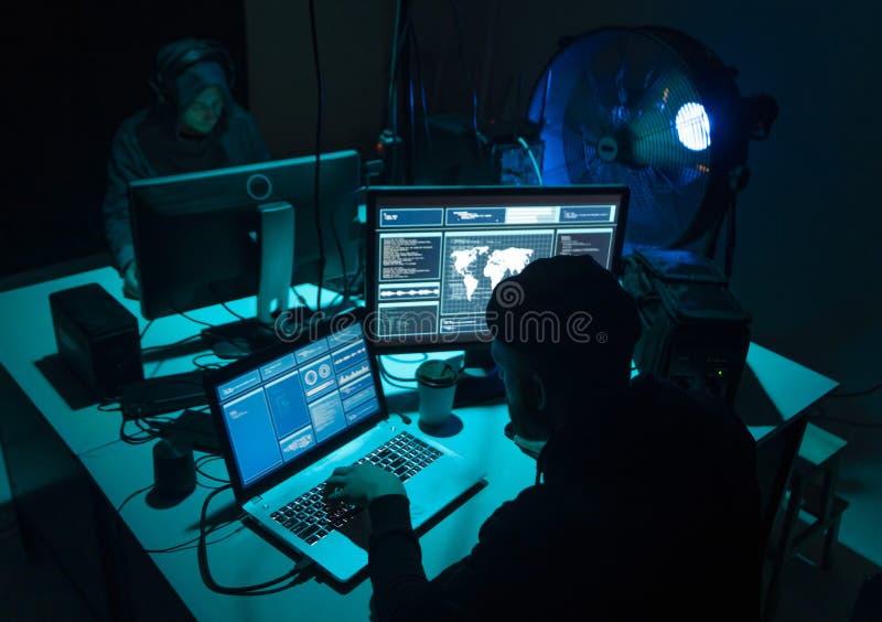 Internet fraud, darknet, data thiefs, cybercrime concept. Hacker attack on government server. Dangerous criminals coding virus programs in the basement. Program coding working stock images, royalty-free photos and pictures