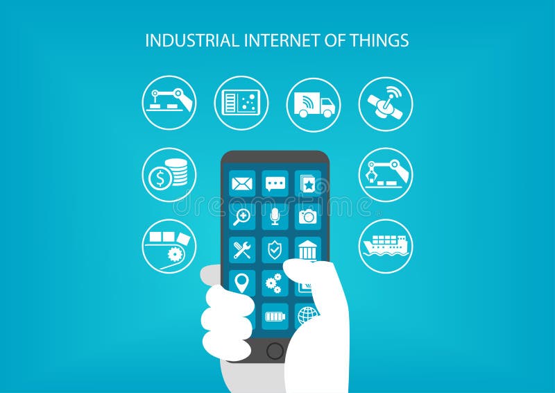 Internet industrial do conceito das coisas Entregue guardar o dispositivo móvel moderno como o telefone esperto ilustração stock Internet industrial do conceito das coisas Entregue guardar o dispositivo móvel moderno como o telefone esperto ilustração stock