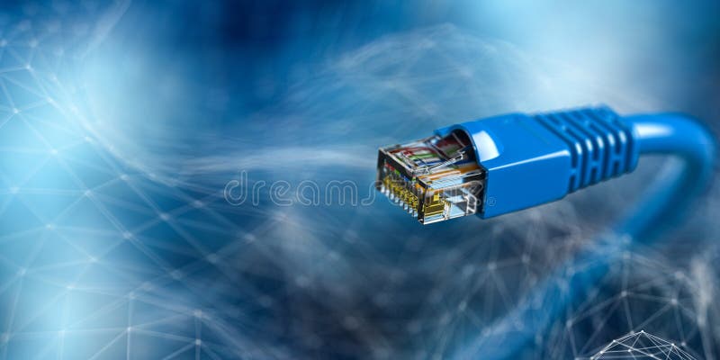 Internet LAN network connection ethernet cable. Internet cord RJ45 on blue abstract background. 3d royalty free illustration