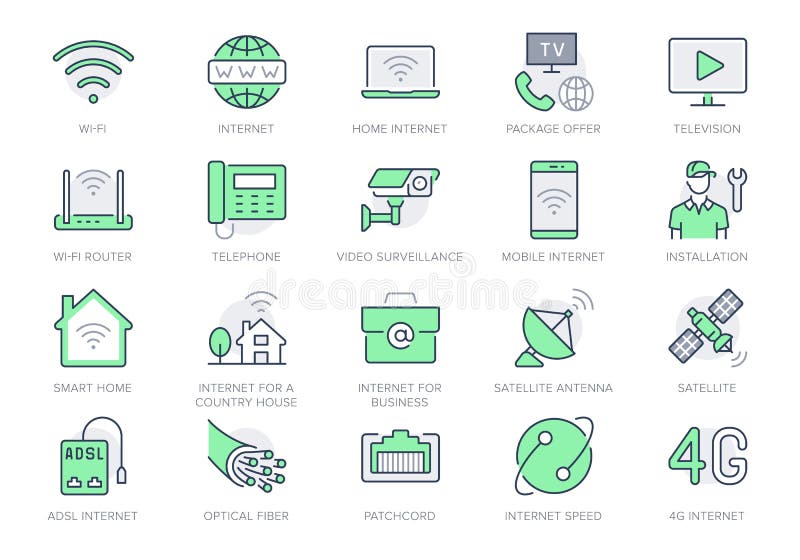 Internet line icons. Vector illustration include icon - satellite dish, provider, wifi, cctv camera, laptop, optical