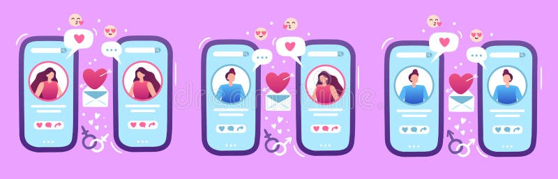 Mobile phone with man and woman profiles searching for romantic partner roy...