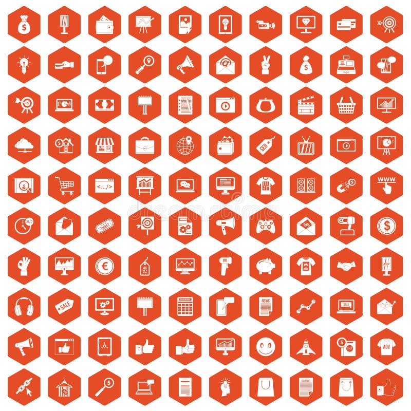 100 internet marketing icons set in orange hexagon isolated vector illustration. 100 internet marketing icons set in orange hexagon isolated vector illustration