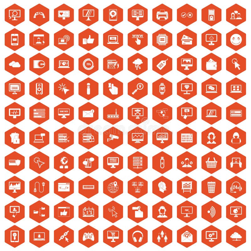 100 internet icons set in orange hexagon isolated vector illustration. 100 internet icons set in orange hexagon isolated vector illustration