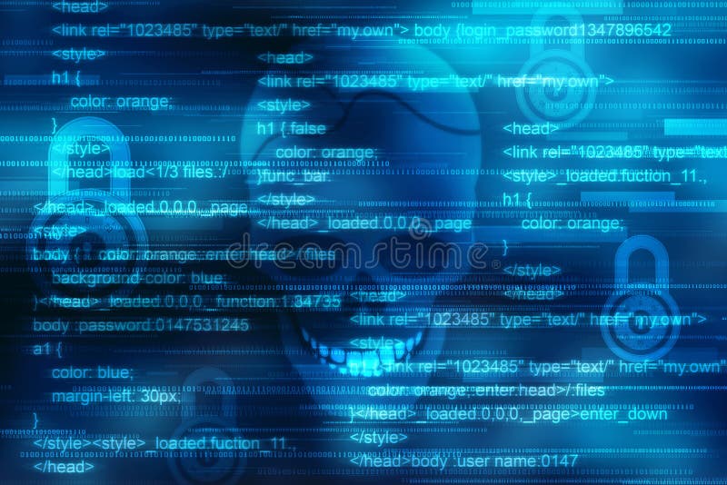 Internet-piraterij en het binnendringen in een beveiligd computersysteem, vorm van schedel met binaire code wordt gecombineerd di vector illustratie Internet-piraterij en het binnendringen in een beveiligd computersysteem, vorm van schedel met binaire code wordt gecombineerd di vector illustratie