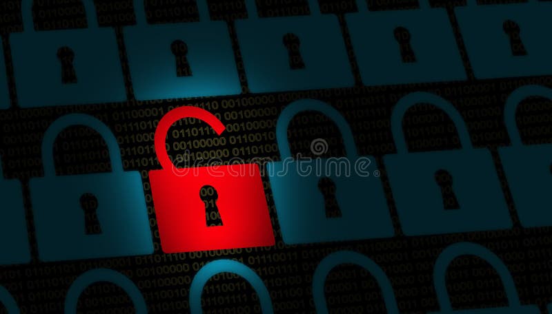 Internet security abstract background, illustration with red detected lock malware and blue clean locks in 01 cyberspace