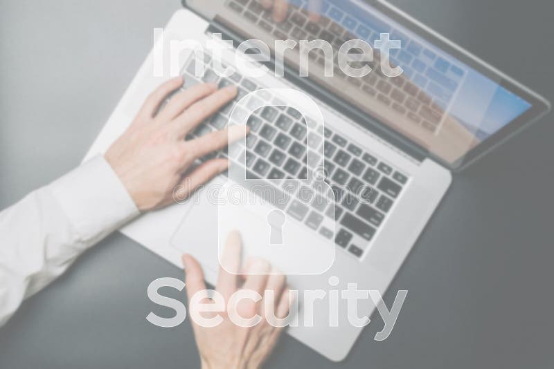 Internet security computer data symbol on blured keyboard background. Hacker attack and data breach, information leak concept