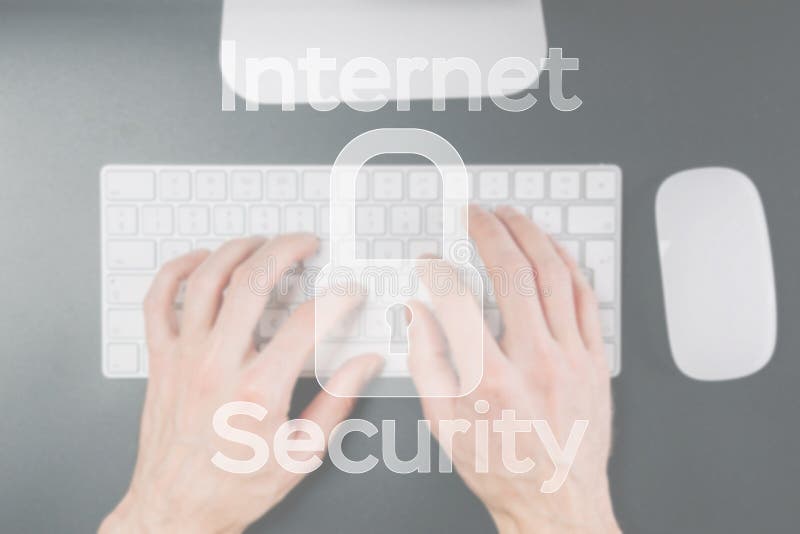 Internet security computer data symbol on blured keyboard background. Hacker attack and data breach, information leak royalty free stock image