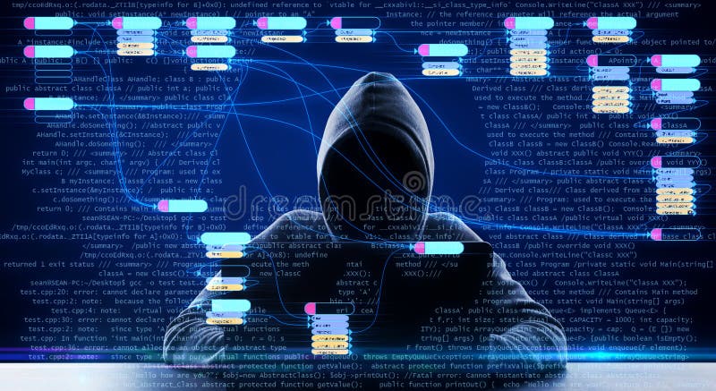 Internet security concept with node symbols and binay code at hacker with laptop background royalty free stock images
