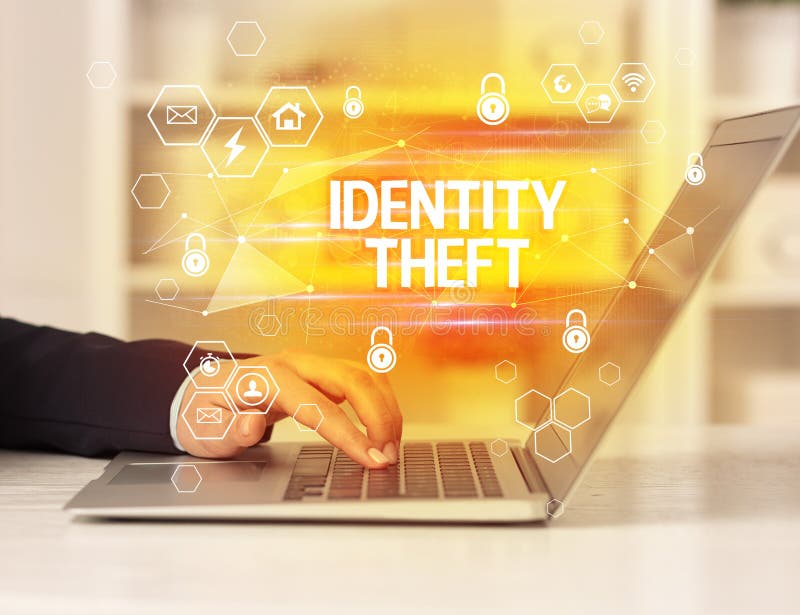 IDENTITY THEFT inscription on laptop, internet security and data protection concept, blockchain and cybersecurity. Digital system concept stock images, royalty-free photos and pictures