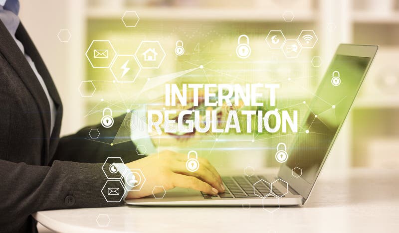 INTERNET REGULATION inscription on laptop, internet security and data protection concept, blockchain and cybersecurity