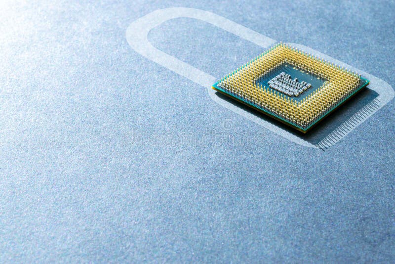 Internet security. Digital computer processor, network motherboard chip on dark technology background. Internet business stock image