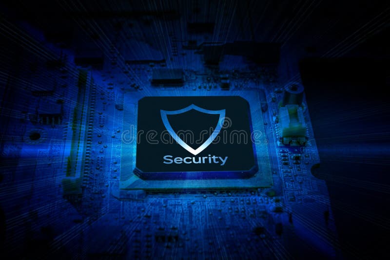 Internet security. Digital computer processor, network motherboard chip on dark technology background. Internet business royalty free illustration