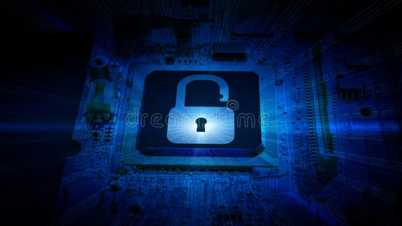 Internet security. Digital computer processor, network motherboard chip on dark technology background. Internet business stock photography