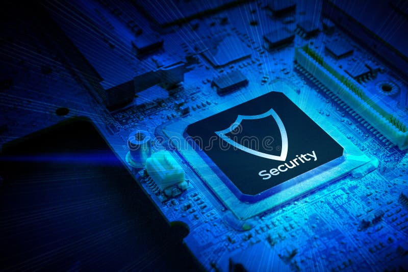 Internet security. Digital computer processor, network motherboard chip on dark technology background. Internet business stock photo