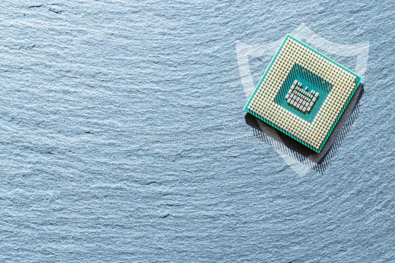 Internet security. Digital computer processor, network motherboard chip on dark technology background. Internet business stock images