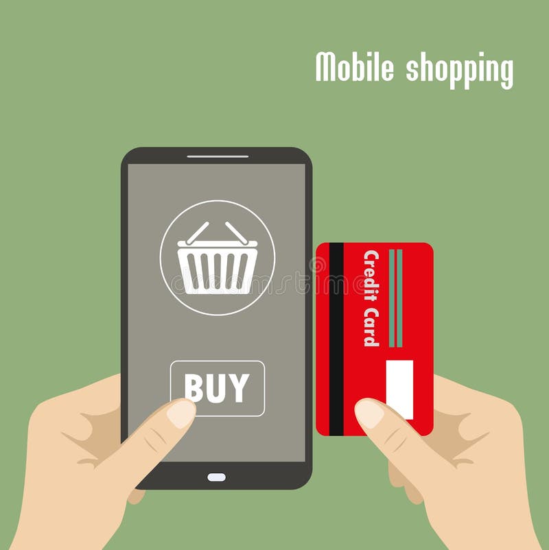 Internet shopping concept smartphone with credit card. vector. Shopping cart credit card vectors