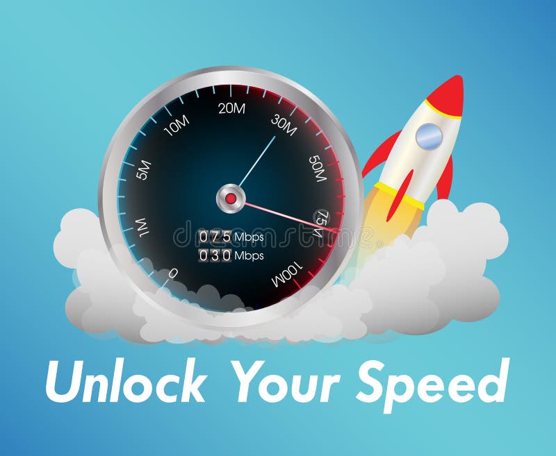 Internet speed test meter with rocket stock illustration