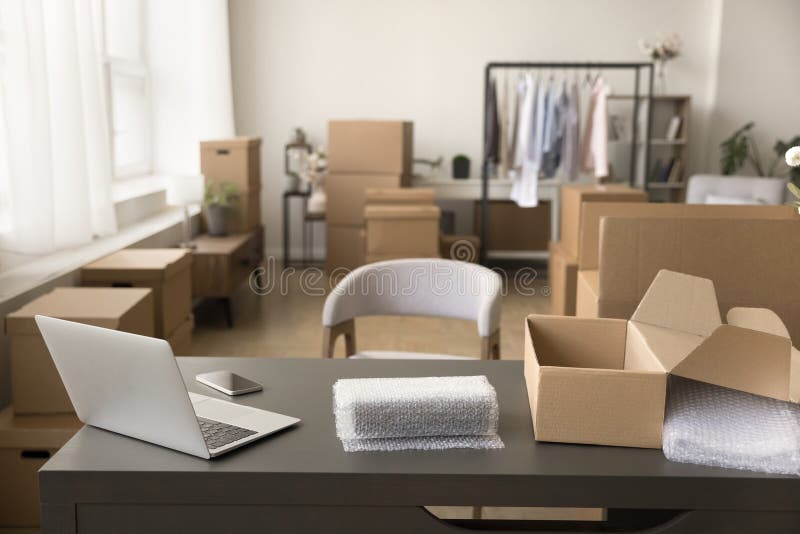 Internet store office workplace with table, computer, smartphone royalty free stock image