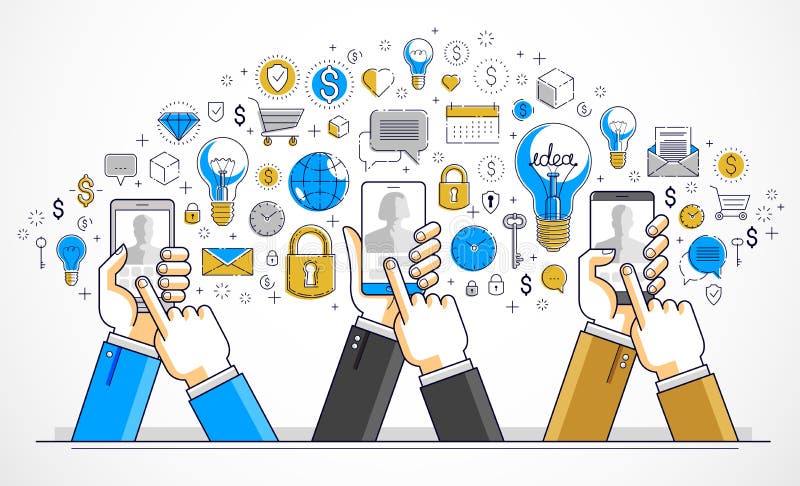 Internet teamwork online team is working and having conference using gadgets and apps, businessmen hands with phones and tablet royalty free illustration