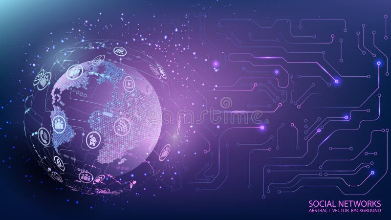 Internet and technology. Planet Earth. Global social network. Computer chip. Virtual reality. Violet futuristic background. royalty free illustration.