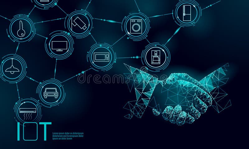 Internet of things icon work handshake concept. Smart city wireless communication network IOT ICT. Home intelligent royalty free illustration
