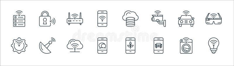 Internet of things line icons. linear set. quality vector line set such as smart bulb, smartphone, smartphone, settings, car vector illustration