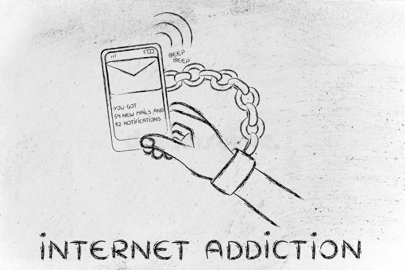 Internet-verslaving, illustratie van hand die aan mobiel wordt geketend vector illustratie Internet-verslaving, illustratie van hand die aan mobiel wordt geketend vector illustratie