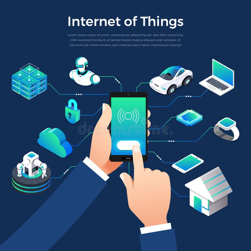 Illustration design concept technology solution of internet of things. Control smart devices with mobile on hand. Vector illustrate. Illustration design concept technology solution of internet of things. Control smart devices with mobile on hand. Vector illustrate