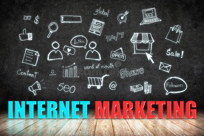 Internetowy marketingu słowo na drewnianej podłoga z doodle ikoną na blackb royalty ilustracja Internetowy marketingu słowo na drewnianej podłoga z doodle ikoną na blackb royalty ilustracja