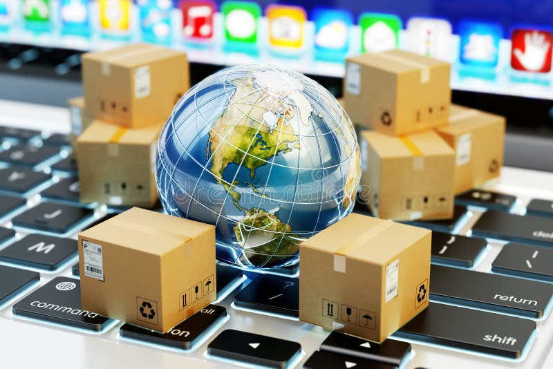 Global transportation business, stack of cardboard boxes and Earth globe on computer keyboard. Global transportation business, stack of cardboard boxes and Earth globe on computer keyboard