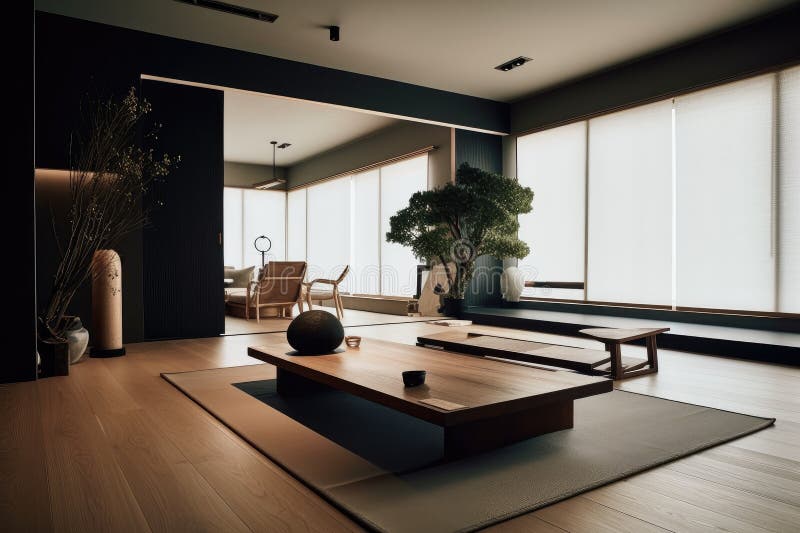 Interni allo stile giapponese contemporaneo con design compatto minimalista dei mobili e arte moderna illustrazione vettoriale