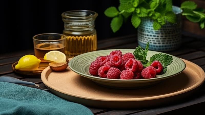 Interni di tipo contadino, con tavola rustica con coppa 3d di lamponi freschi royalty illustrazione gratis
