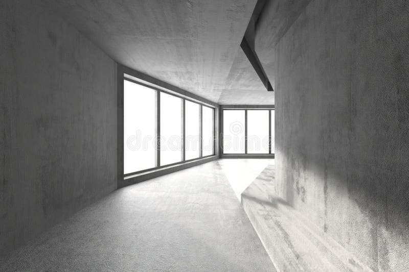 Interni moderni in calcestruzzo minimalista con vetrine e luce naturale illustrazione vettoriale