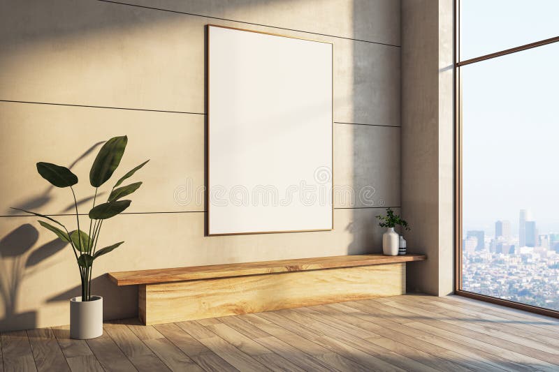 Modern interior with blank white mock up poster on concrete wall, decorative plants, wooden bench and window with city view and sunlight. 3D Rendering. Modern interior with blank white mock up poster on concrete wall, decorative plants, wooden bench and window with city view and sunlight. 3D Rendering