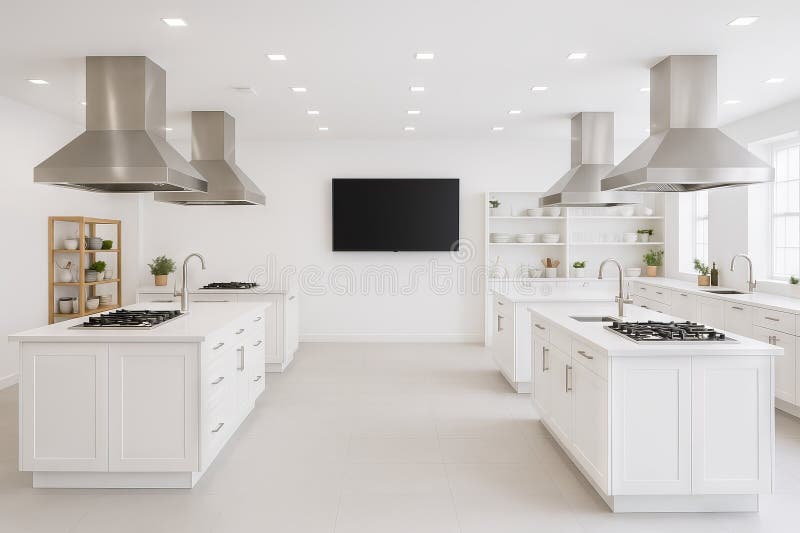 Interni moderni da studio minimalisti con elettrodomestici in acciaio inossidabile e banchi bianchi spaziosi. concetto di fotografia stock