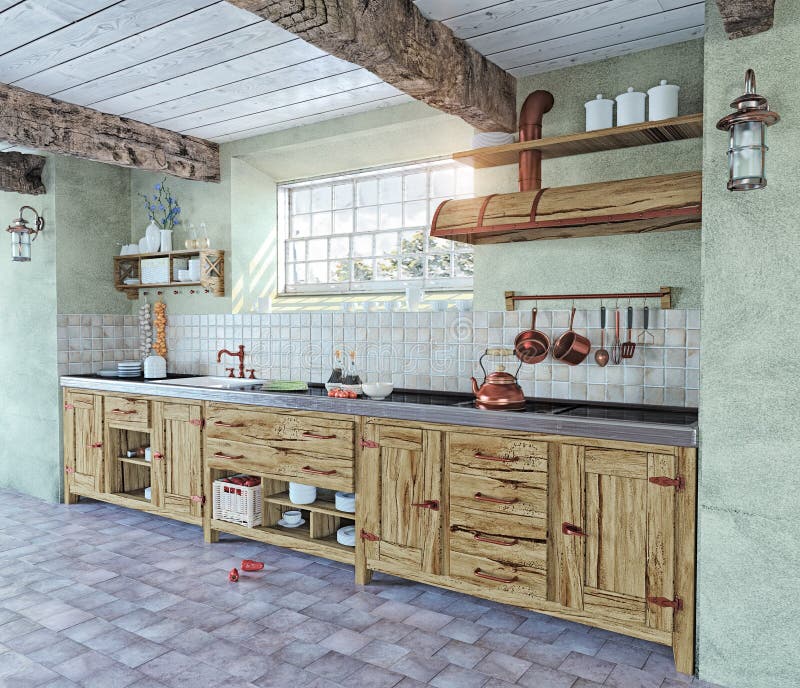 L'interno Della Cucina in Una Casa Privata. Cucina Verde Leggera in