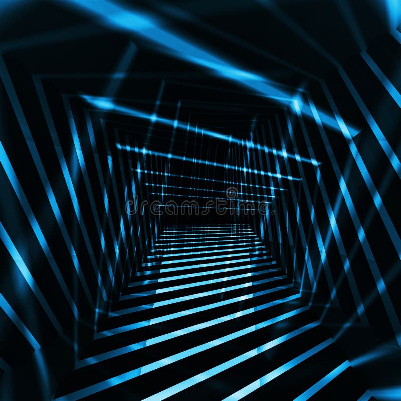 Interno astratto di buio 3d con i raggi luminosi di luce notturna blu