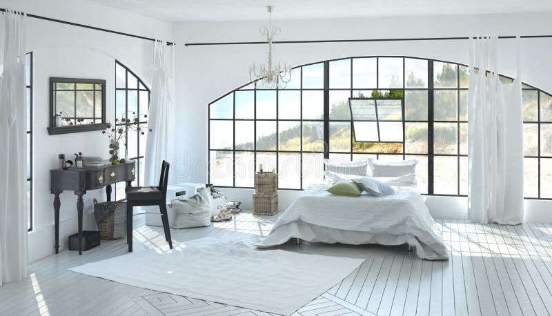 Interno bianco spazioso elegante della camera da letto fotografia stock libera da diritti