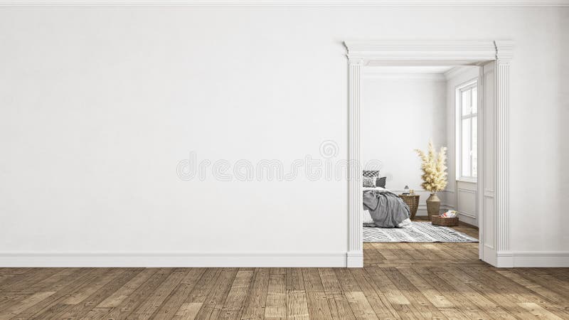 Interno bianco vuoto con porta a muro vuota e camera da letto.