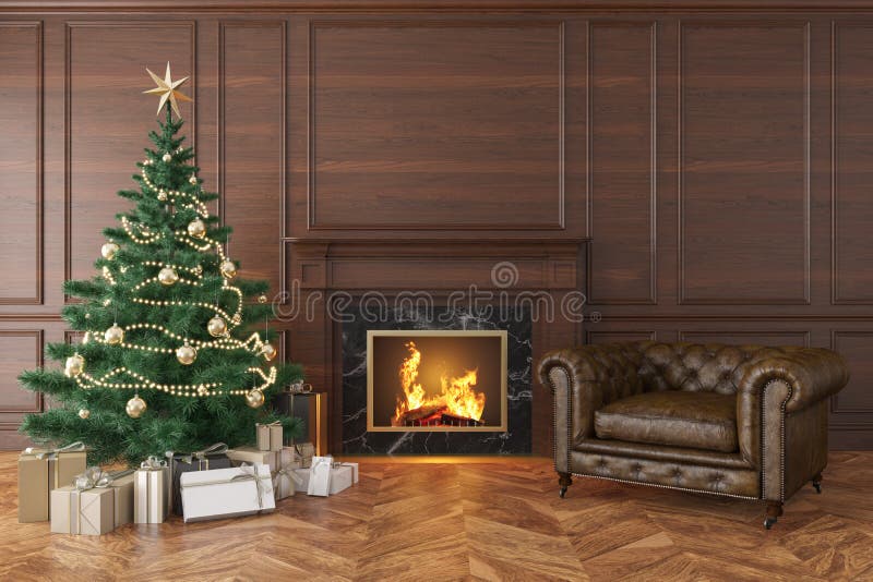 Interno Classico Con L'albero Di Natale, Camino, Poltrona Del Salotto  Illustrazione di Stock - Illustrazione di piano, decorato: 129282094