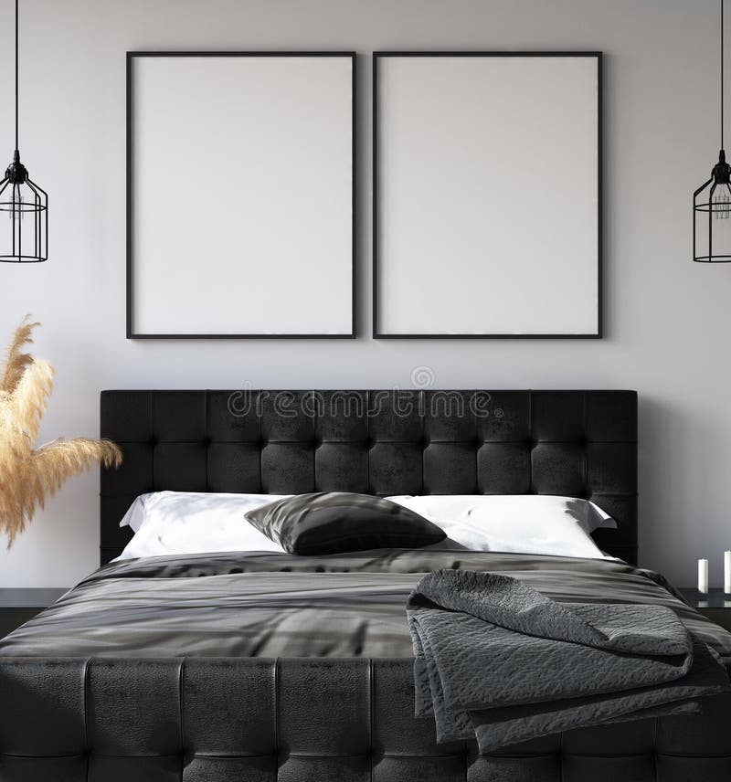 Interno con il modello del manifesto, stile moderno della camera da letto immagine stock libera da diritti