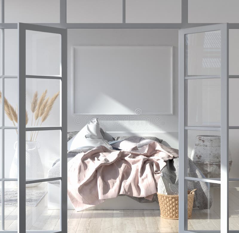 Interno con il modello del manifesto, stile scandinavo della camera da letto fotografia stock