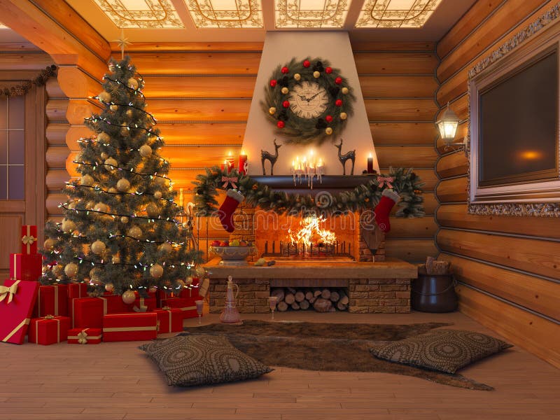 interno del nuovo anno dell'illustrazione 3D con l'albero di Natale, presente illustrazione di stock interno del nuovo anno dell'illustrazione 3D con l'albero di Natale, presente illustrazione di stock