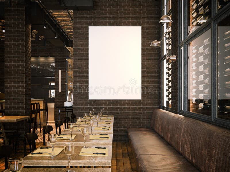 Interno del ristorante d'annata e della tela in bianco rappresentazione 3d