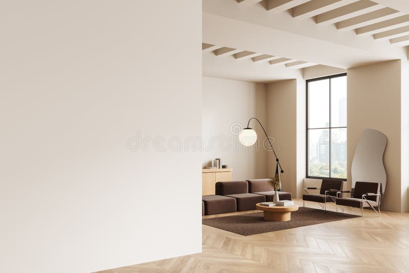 Interno del soggiorno con un muro bianco sulla sinistra di mobili confortevoli e una grande finestra. design moderno con luce natu illustrazione di stock