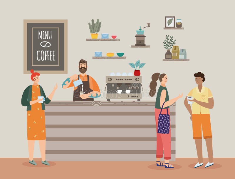Interno della caffetteria con i visitatori del barista e del caffè un'illustrazione vettoriale piatta