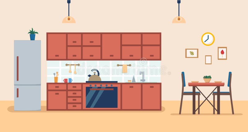 Interno della cucina con mobilia e stufa, armadietto, frigorifero, utensili e tavola di cena Illustrazione piana di vettore di st illustrazione di stock Interno della cucina con mobilia e stufa, armadietto, frigorifero, utensili e tavola di cena Illustrazione piana di vettore di st illustrazione di stock