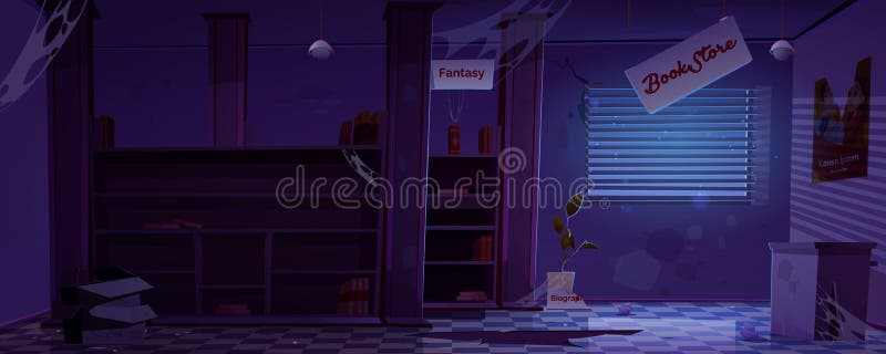 Interno della libreria abbandonata al buio notturno illustrazione vettoriale