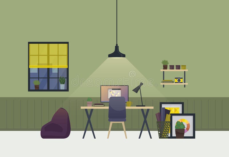 Interno della stanza spaziosa dell'area di lavoro nella sera Piano o appartamento domestico di lavoro con la tavola e la sedia, v illustrazione vettoriale Interno della stanza spaziosa dell'area di lavoro nella sera Piano o appartamento domestico di lavoro con la tavola e la sedia, v illustrazione vettoriale
